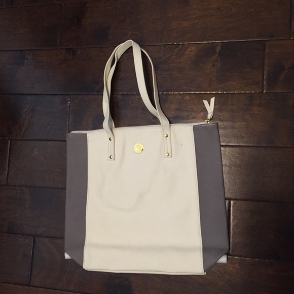 Joy Mangano genuine leather Tote Color: Gray/cream - Picture 2 of 7
